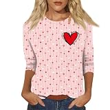 Damen Herz Print Top Rundhals 3/4 Ärmel Bluse Y2K Tee Sommer Bluse Basic Cop Top Frauen T Shirt Mode Kleidung Rot Ausgehen Top Plus Size Damen Valentinstag Langarm Top, Rot1, S