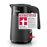 Bosch kabelloser Wasserkocher MyMoment TWK2M163, Abschaltautomatik, Überhitzungsschutz, Tassenanzeige, entnehmbarer Kalkfilter, Trockengehschutz, Dampfstopp-Automatik, 1,7 L, 2400 W, Schw