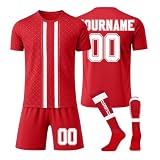 LILIHOT Personalisiert Football Trikot Kinder Erwachsene Fusstball Shorts Socks&trikots 3 Teiliges Set,mit Team Name & Number Logo Atmungsaktiv Sport T-Shirts Trainingsanzug Fantrikot(#A Red)