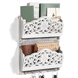 JAZUIHA Vintage Postsortierer und Schlüsselhalter – Dekorativer Wand Organizer mit 5 Haken, 2 Fächer für Briefe und Zeitschriften, Shabby Weiß, Holz Zeitungsständer für Flur & Bü