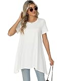 Famrrifuu T-Shirt Damen Übergröße Sommer Oberteil Kurzarm Rundhals Longshirt Freizeit Locker Tunika Top, Weiß, L