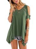 Beluring Damen Top Kurzarmshirt Asymmetrisch Solide T Shirt V Neck Langshirt Oberteil Armeegrün 2XL