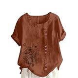 Leinenbluse Tunika Damen Leicht Und Luftig Musselin Bluse Shirt Kurzärmliges T-Shirt Mit Knöpfen Aus Baumwolle Leinen Leinenhemd Tshirt Locker Casual Oberteil Hemd Blusenshirt Elegante Schick
