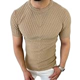 Kurzarm Gestrickter Tops Herren Stricken Kurzarm Elastizität Herren Hemden Sommerhemd Herren Leichtes Sommerhemd Herren Tankshirt Herren Short Sleeve Shirt Herren C-Khaki M