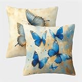 Outdoor Kissenbezug 30x30 2er Set, Retro Kissenbezüge Wasserdicht Leinen, Schmetterling Outdoor Kissen mit Verstecktem Reißverschluss, Kissenbezug 30x30cm für Sofa Couch Deko Wohnzimmer 1-1606