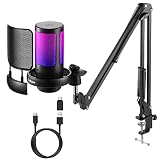 FerBuee USB-PC-Gaming-Mikrofon mit RGB-Licht. Kondensatormikrofon mit Stummschalttaste, Lautstärkeregler, 3.5-mm-Kopfhöreranschluss. Kompatibel mit Windows, MacOS