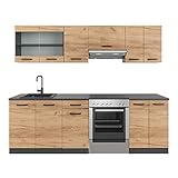 Vicco Küchenzeile Raul, Goldkraft Eiche/Anthrazit, 240 cm, AP Schwarz Gemustert, mit modularen Elementen flexibel kombinierb