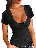 Onsoyours Damen Top Strickshirts Sexy Kurzarm Elegant Strickoberteil Top T Shirt Slim Fit Oberteile V Ausschnitt Ribbed Tunika mit Knopf B Schwarz M
