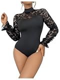 GORGLITTER Damen Body Elegant Langarm Body Mit Spitze Tshirt Bodysuit Spitzenbody Mit Stehkragen Sexy Body Oberteil Schwarz S