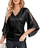Damen Elegant Pailletten Oberteile Rundhals 3/4 Ärmel Loose Fit Casual Glitzer Oberteile Party Tops Schwarz Pailletten L 2151
