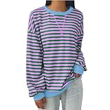 Damen Oversized Sweatshirt mit Streifenmuster Farbblock Langarm Rundhalsausschnitt lässig lockeres Pullover Shirt 2 Teiler Damen (Light Blue, XXL)