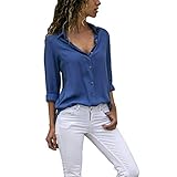 LAEMILIA Damen-Langarm-Shirt, Knopfleiste, Chiffon, elegant, V-Ausschnitt, einfarbig, Bluse, blau, Larg
