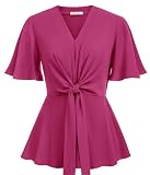Damen Casual Shirts Rüschen Bluse Elegant Tops Kurze Glockenärmel V-Ausschnitt Oberteile A-Linie Elastische Taille T-shirts Rose Rot XL