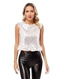 TiaoBug Damen Pailletten Tank Top Shirt mit Volants Kurze Flügelärmel Ärmellos Weste Eiskunstlauf Modern Jazz Disco Kostüm Clubwear Silber S