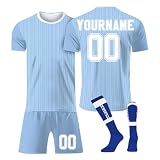 Fußballtrikot Personalisiert Für Kinder Jugend Erwachsene T-Shirt Shorts&Socks 3 Teiliges Set,mit Namen/Teamname/Nummer/Logo Personalisiert Atmungsaktiv Sport Tshirt Trainingsanzug Fantrikot(#G Cyan)