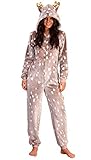 Loungeable Damen Jumpsuit Overall Tiere Gesichter Öhrchen 3D Kapuze Rentier - Reindeer Luxury with metallic Antler 790039 S