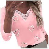 Briskorry Damen Lässig Blusen Sexy V Ausschnitt Tshirt Schmale Tunika Langarmshirt Lockeres Frühling Oberteile mit Liebe Herz Druck Einfarbige Blusen Tops Sw