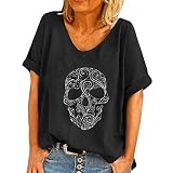Lulupi Damen Oversize Shirt Totenkopf Glänzend Strass Tshirt Lose Kurzarm Schwarz Bluse Oberteile Tops Glitzersteine Damenblusen T-Shirt Bar Party Karneval Punk Top S