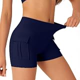 Generisch Damenmode, einfarbig, mit Taschen, Fitness-Sport-Shorts, hohe Taille, Hüftlifting-Yogahose Damen Kurze Sporthose Für Etwas Breitere (Navy, M)