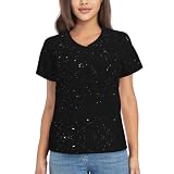 HUIKGIER Schwarzes Glitzer-Print für Damen, lässig, elegant, lässig, kurzärmelig, Pullover, T-Shirts, Bluse, V-Ausschnitt, Schwarz , XL