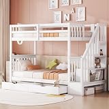Rtopsu Etagenbett Kinderbett 90x200 cm für 2 Kinder, Hochbett Holzbett mit Treppe und 2 Stauraum Schubladen, Bett mit Rausfallschutz und Lagerregal, Hausbett mit Lattenrost, Weiß, Ohne M
