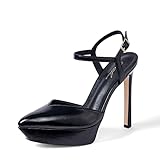 GENSHUO Plateau High Heels Damen Spitz Stiletto Sandalen mit Knöchelriemen Sexy Geschlossene Pumps 12 cm/4,72 Zoll Stiletto Riemchensandalen für Party Prom, Schwarz 38EU