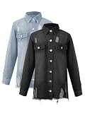 Damen Oversized 2 Stück Jeansjacke Casual Langarm Shirts Distresse Jeansmantel 2025 Outfits (2 Stück), Hellblau und Schwarz, XXL