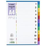 D.RECT Register für A4, PP12, 12 Trennblätter, Ringbuchregister, Taben mit Zahlenaufdruck 1-12, Mehrfarbig, Farb-Trenner aus PP, Polypropy