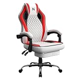 HLONONE Gaming Stuhl Ergonomischer Schreibtischstuhl Höhenverstellbarer Bürostuhl mit Fußhocker PC Stuhl mit Armlehnen, Neigungswinkel von 90-135°, Gamer Stuhl bis 150 kg belastbar, Weiß-R