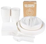 Anstore 200 Stück Teller und Besteck Set Kompostierbar Ökologisch Einweg Pappteller und Besteckset,umweltfreundlich Party und Picknick Set inklusive Teller,Löffel,Gabel,Messer, Trinkb