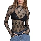 Damen Sheer Mesh Langarmshirt Spitzen Blumenmuster Stehkragen Durchsichtige Langarm Oberteil Enge Unterziehshirt Layering Tops Shirts Bluse (Schwarz, S)