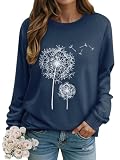 Dresswel Damen Löwenzahn Sweatshirt Langarmshirt Pusteblume Drucken Pullover Herbst Winter Bluse Tops Oberteile(Navy, L)