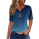 Shirt Damen Halbarm T Basic Blusen Kurzarm Cuptacc Tshirt T-Shirt V Ausschnitt mit Print Schwarz Blau 3XL