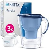 BRITA Wasserfilter-Kanne Marella blau (2,4l) inkl. 3x MAXTRA PRO Pure Performance Kartusche – Kühlschrankgeeignete Filterkanne mit BRITA Memo, Klapp-Deckel, filtert Verunreinigung