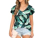 FREEOAK Sommer-Top, Doppelspitzenärmel, Hemden für Damen, V-Ausschnitt, locker, lässig, T-Shirt, Tunika, Z-Black Leafy, Groß