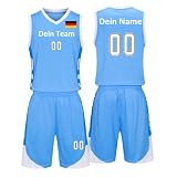 Benutzerdefiniert Basketball Trikots Kinder Herren mit Namen Nummber Logo Basketball Jersey Shirt und Shorts (Himmelblau)