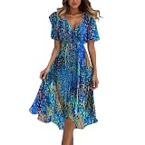 Sommerkleid Damen 2025 Boho Chiffon Kleider mit Blumendruck Chiffonkleider Elegantes V-Ausschnitt Gürtel Maxikleider Sommer Hochzeit Cocktailkleid Freizeitkleid Strandkleid (#10, L)