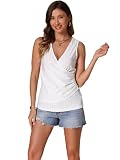 Allegra K Damen Oberteile mit Tiefem V-Ausschnitt Ärmellos Wickeloptik Rüschen Knopfdekor Tanktop Weiß L