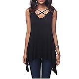 Dreamskull Damen Frauen Tshirts Oberteile Blusen Tops Tunika Tuniken Longshirt Shirtkleider Lang Basic V Ausschnitt Ärmellos Asymetrisch mit Schnürung Vorne Casual Locker Lässig (M, Schwarz)