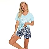 Jecarden Damen Schlafanzug Kurz Damen Pyjama Set Sommer Nachtwäsche Baumwolle Zweiteiliger Sleepwear Hausanzug und Hose mit Tunnelzug V-Ausschnitt Pyjamas Kurzarm Nachthemd XL