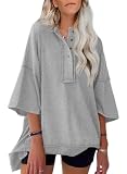 Aleumdr Oversize Shirt Damen Knöpfen Oberteile mit 3/4 Ärmeln Damen Sommer Tshirt Locker Grau Größe M