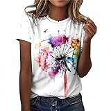 Damen Oberteile Sommer Tshirt Kurzarm Bluse mit Rundhalsausschnitt Bunte Blumen Drucken T-Shirt Tee Tops Pullover Teenager Mädchen Pulli Tunika Shirt Freizeit T Shirts Longbluse für F