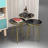 [en.casa] Beistelltisch-Set Ry Satztisch 3er Set Schwarze Marmor-Optik Abstelltisch mit runder Tischplatte Hairpinlegs aus Metall Goldfarben W