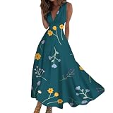 AMDOLE Partykleider für Damen, elegantes Maxikleid mit V-Ausschnitt, ärmellos, stilvoll, fließend, bedruckt, Strandkleid, Maxikleid, Ärmel, hellblau, M