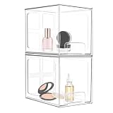 2 Pcs Kosmetik Organizer Transparent, 19,05x15,24x16,7 cm, Stapelbare Aufbewahrungsboxen Kunststoff mit 16 rutschfeste Matte, Schminktisch Boxen, Schubladen Badezimmer Schreibtisch Organizer (A)