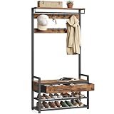 VASAGLE Garderobenständer mit Schuhbank, Garderobe, Schuhaufbewahrung, 2 Schubladen aus Stoff, 10 Haken, 6 seitliche Haken, 30 x 80,4 x 181,6 cm, vintagebraun-tintenschwarz HSR429B01