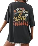 AVOZAL Oversized Tshirt Damen Sommer Locker Kurzarm Rundhals Oberteile Frauen Lässig T-Shirts Rücken Pilz Graphic Tee Casual Muster Lang Top(S,Dunkelgrau)