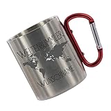 Crealuxe Edelstahltasse mit Karabiner 'Weltenbummler Wunschname' Tasse personalisiert, Kaffeetasse, Bürotasse, Metalltasse mit N