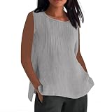 Musselin Bluse Damen Einfarbig T-Shirt Pleated Front Tshirt Rundhals Blusentop Lässige Sommertops Strandshirt Lockere Oberteile mit Seitenschlitz Halbe Ärmel Pullover S-5XL (Grey, L)