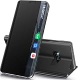 Handyhülle für Samsung Galaxy S8 Hülle Klappbar, Dünn Spiegel Flip Leder Hard PC Stoßfest Case Cover für Samsung Galaxy S8 5G Hülle mit Ständer Klappbar, Clear View für Samsung S8 Hülle (Schwarz)